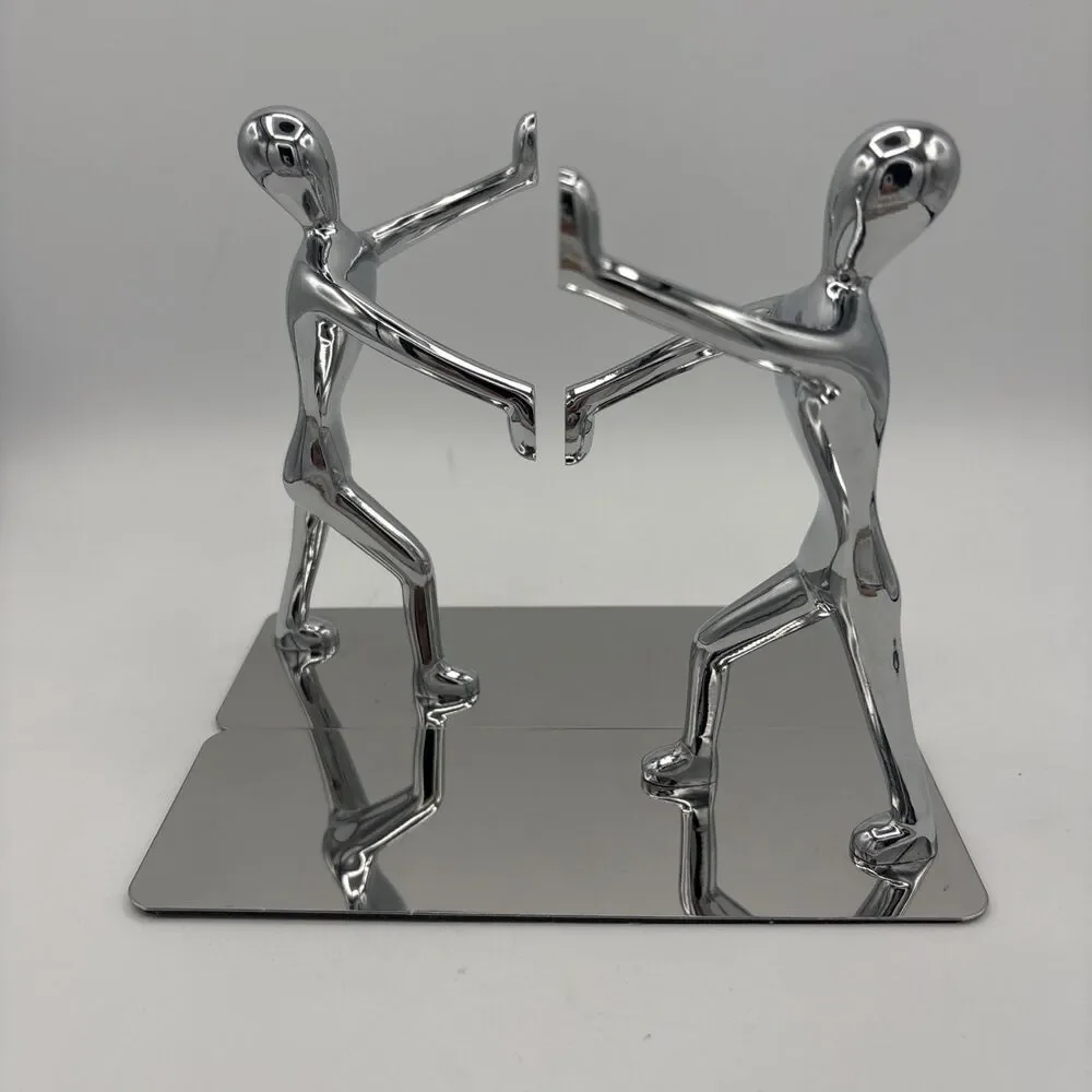 Pair of Pop Art Chrome Modern Man Abstract Figure Bookends Modernist Sculpture